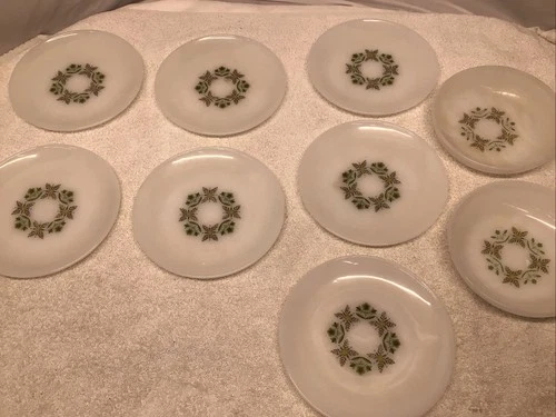 Lot Of 9 Vintage Anchor Hocking Green Meadow Dinnerware Dishes/7 Plates/2 Bowls
