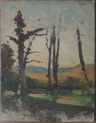 Raymond VERDUN Miniature Ancienne Huile Carton vers 1920 Paysage Arbres Cachet - Photo 1/4