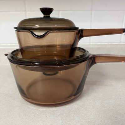 VTG Pyrex Corning Visions Amber Glass Cookware Pot Saucepan Set 2.5L & 1L W/ Lid
