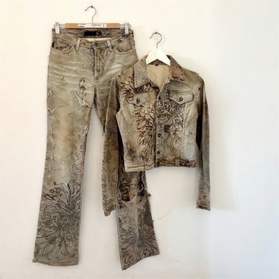 Roberto Cavalli 2003 Printed Jeans Jacket Jeans Set Distressed Floral Distopic