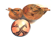3 GIRAFFE Wood Bowls 2 Drinking Hand Carved  Painted SAFARI Theme