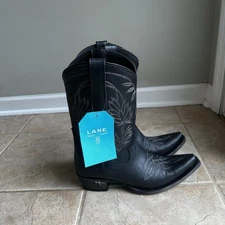 NWT Lane SANDAGA Midi Cowboy Boots Snip Toe Western Jet Black Leather Women’s 9
