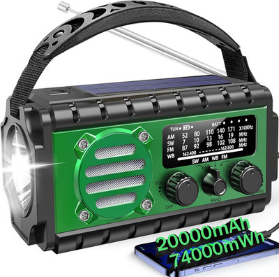 20000mAh Emergency NOAA AM/FM SW Weather Radio Solar Hand Crank Power Green TW