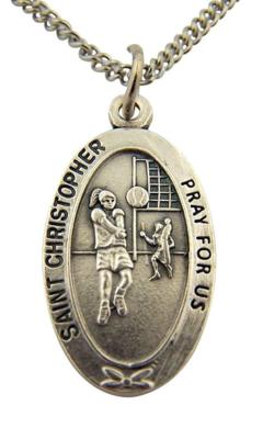 Silver Tone Saint Christopher Sports Medal for Girl Volleyball Athlete, 1 Inch