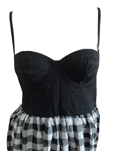 BLACK COTTON CHECKED CORSET CHIFFON BUBBLE HEM MINI DRESS UK 12 EU 40 MEDIUM NEW - Picture 7 of 11