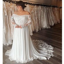 Plus Size Chiffon Wedding Dresses Long Sleeves Lace Off Shoulder Bridal Gowns