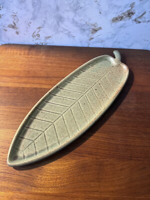Handmade Studio Pottery Leaf Tray, 13 in, Green