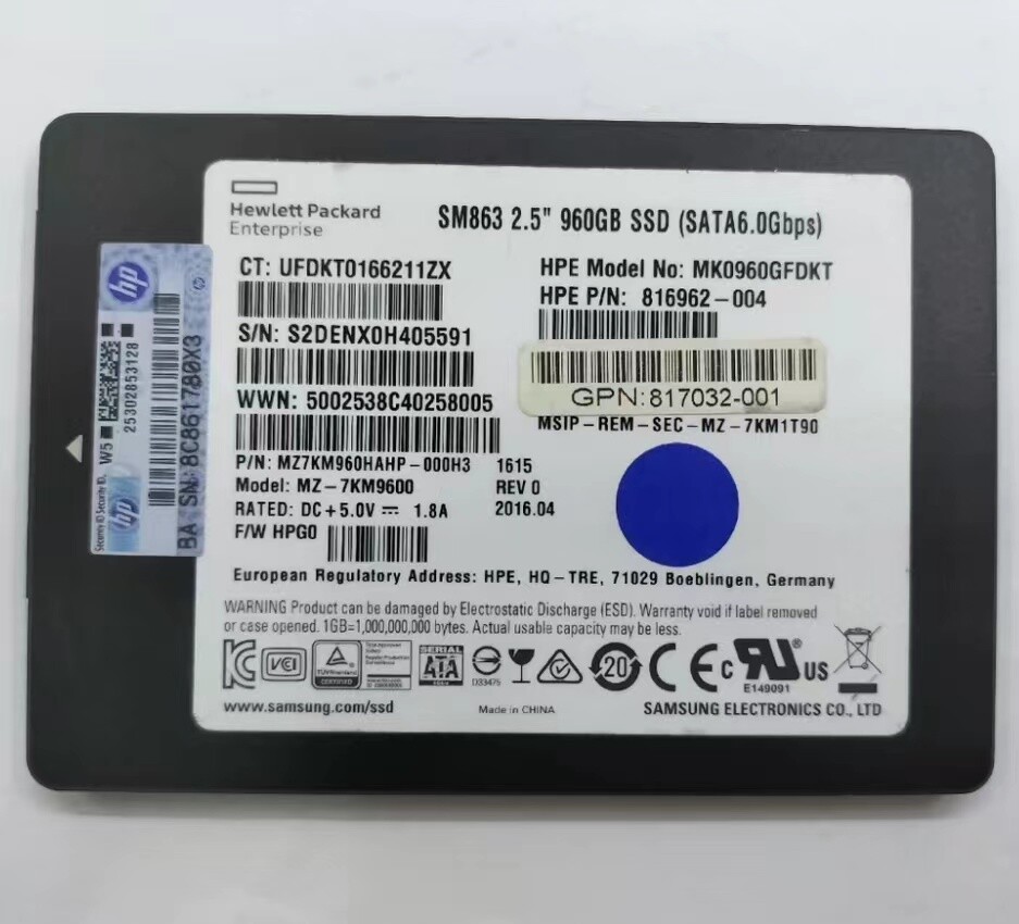 960GB SSD SAMSUNG MK0960GFDKT SM863 MZ7KM960HAHP-000H3 MZ