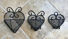3 Vintage Black Metal Wire Heart Shaped Wall Pockets/Baskets Accent Farm Decor