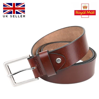 Mens Genuine Leather Belt Belts Real New Buckle For Trouser Jeans Black Brown UK