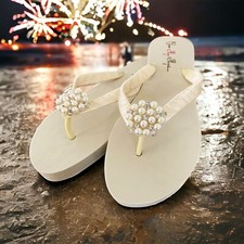 Ivory Low Flip Flops, Bridal, 1.25" Rhinestone Pearl Embellishment, Wedding