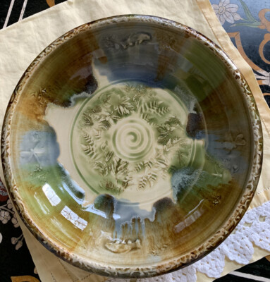 Signed Studio Art Pottery Bowl 11.5 D NATURE Brown/ Green/ Blue Drip Glaze