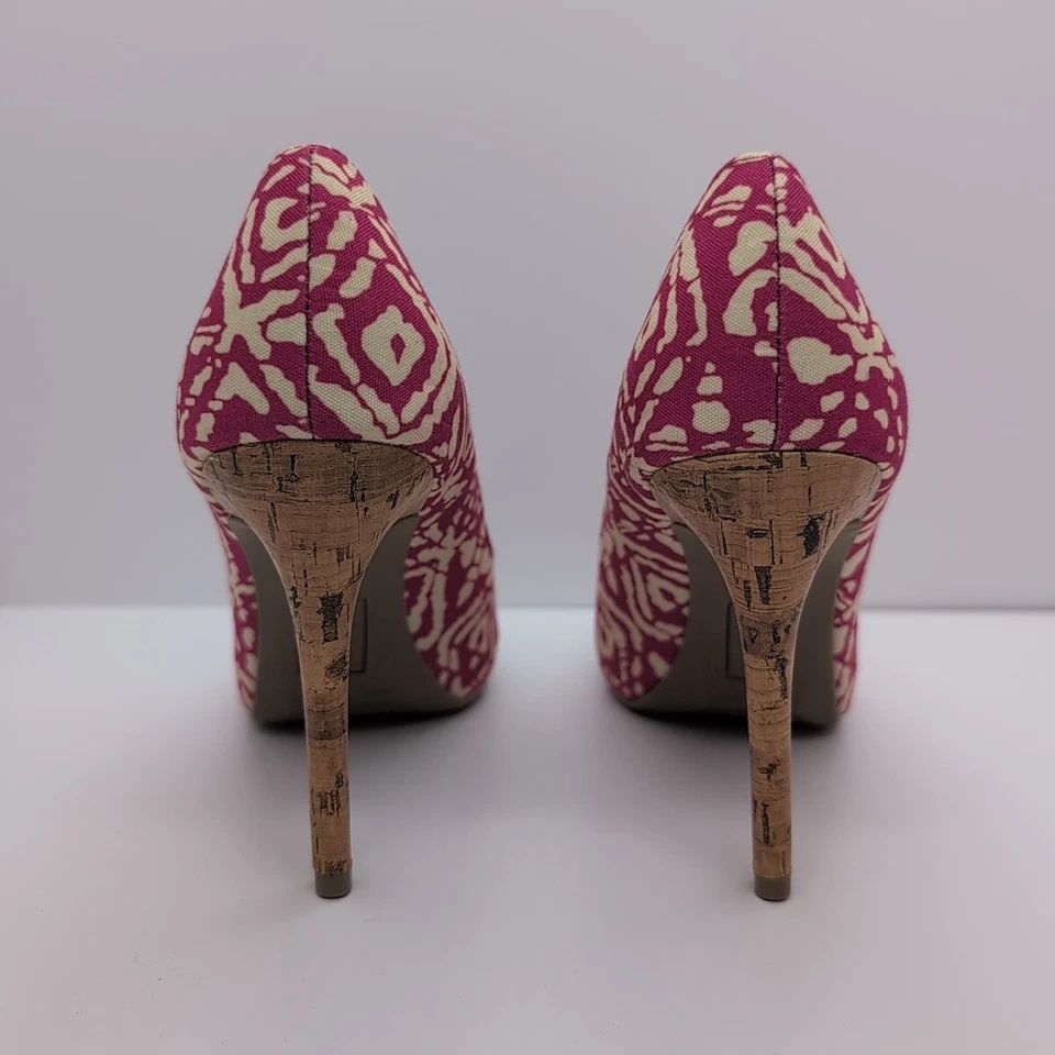 Zapatos de salón Christian Siriano talla 10 rosa beige estampado corcho 4 1/2 pulgada tacón punta abierta Foto 3 de 4