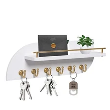 14 Inch Wood Wall Mounted Key Rack with 6 Hooks and Floating Shelf White Gold