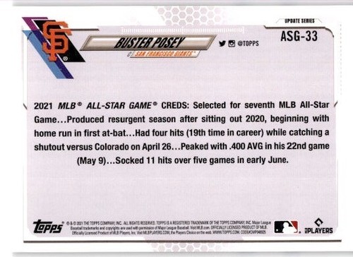 BUSTER POSEY 2021 Topps Update MLB All Stars #ASG-33 San Francisco Giants - Picture 2 of 2