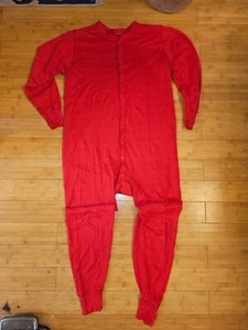 Vintage Red Union Suit Long Johns One Piece Butt Flap Button Up 50/50 Size Large