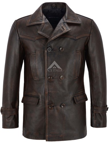 Mens Leather Long Jacket Pea Coat 