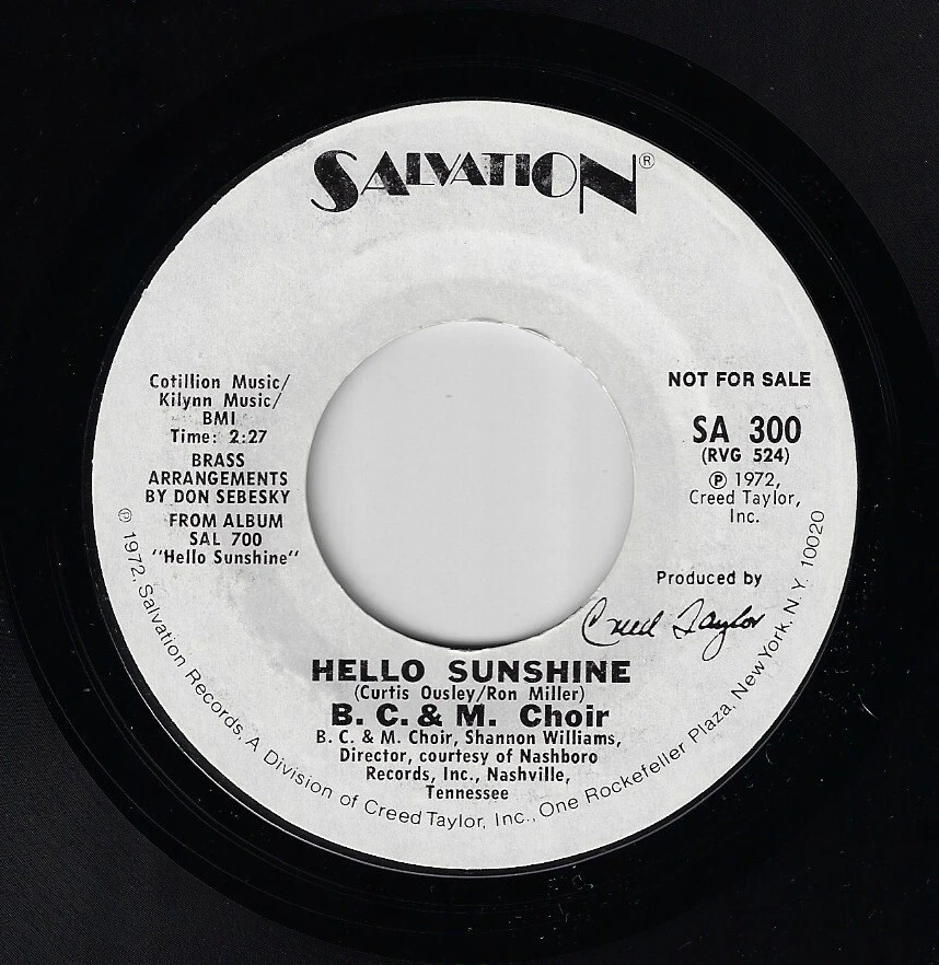 Jazz Gospel 45 : B.C. & M. CHOIR - Hello Sunshine / CTI SALVATION WLP  HEAR!! - Image 2 of 2