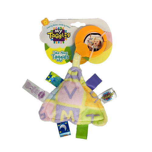 Taggies Take Along Triangle Squeaky Baby Toy Pastel Print Stroller Clip Plush