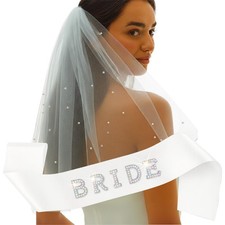 Bride to Be Veil and Sash Set Pearl Short White Bachelorette Party Decor