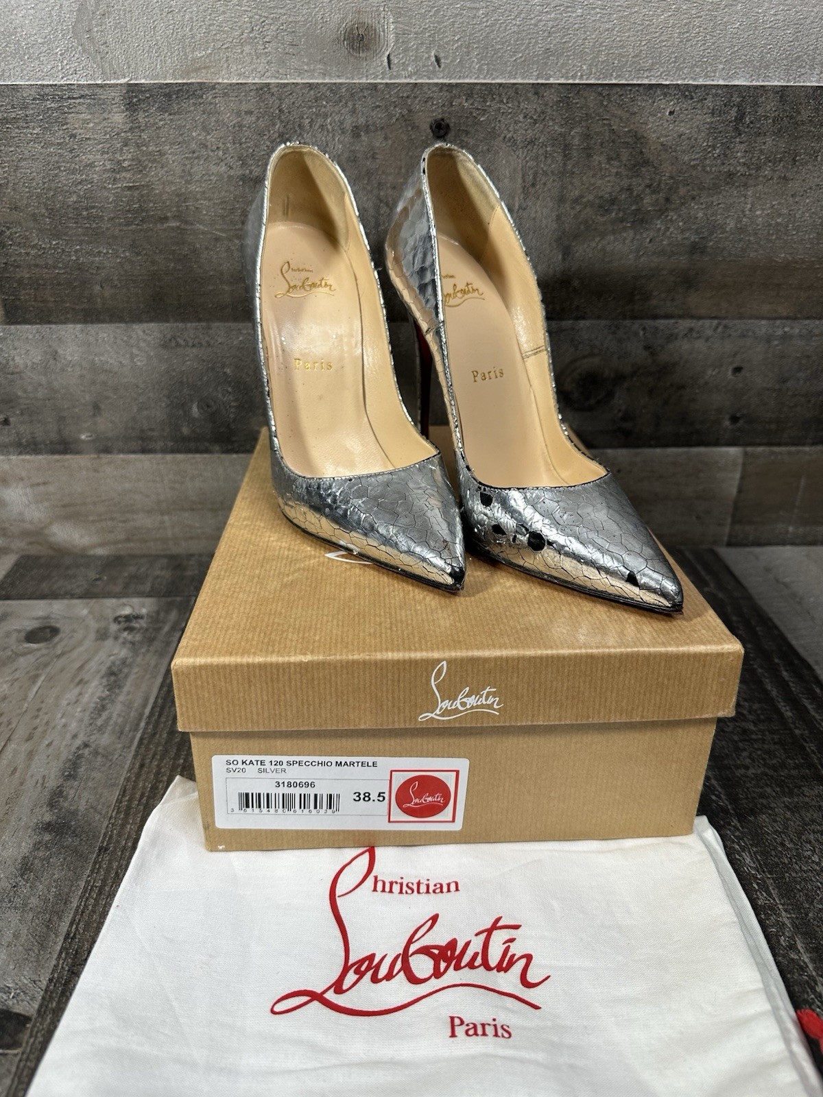 Christian Louboutin “SO Kate 120” Silver Specchio Martele Red