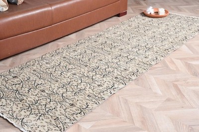 Turkish Vintage Rug, 2,7x8,4 ft Runner Rug, White Black Handmade Wool Rug