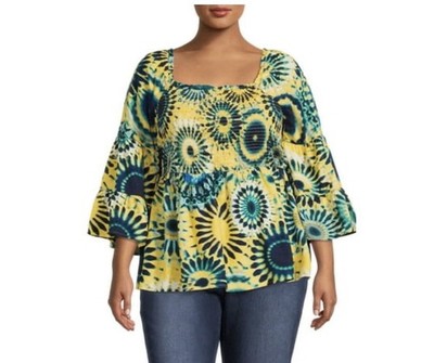 TERRA & SKY Women s 4X (28W-30W) Bell Sleeve Smock Top   Kaleodoscope Teal Star