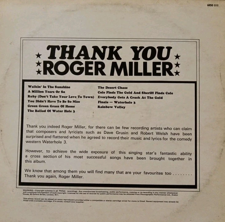 Roger Miller-Thank You Roger Miller Vinyl LP Album.1967 Philips 6850 011. - Image 2 of 4