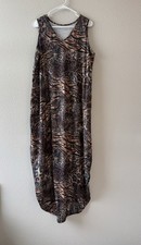 Leopard Cheetah Animal Print Maxi Dress Sz L Brown Hi-Low with Slit