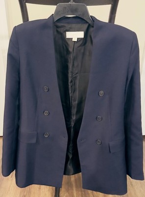 Zara Women's Navy Blue Collarless Double Breasted Blazer Coat Jacket Size S