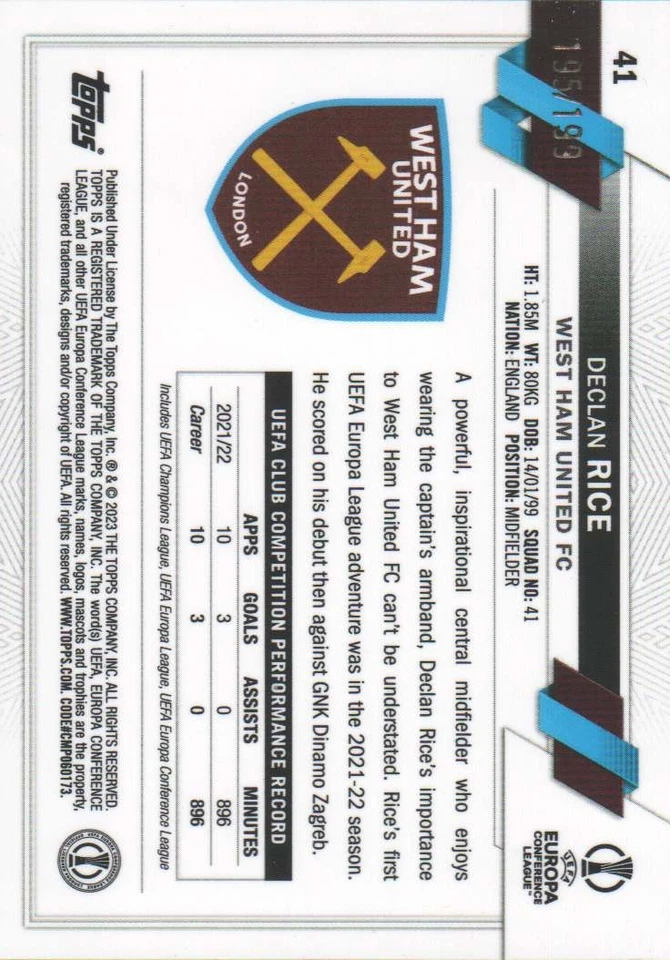 2022-23 Chrome UEFA Club Competition Soccer Aqua Refractor #41 Declan Rice /199 - Image 2 of 2