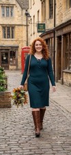 Addition Elle Plus 1X Dress Ribbed Knit Lace Up V Neck Peacock Teal Midi Long