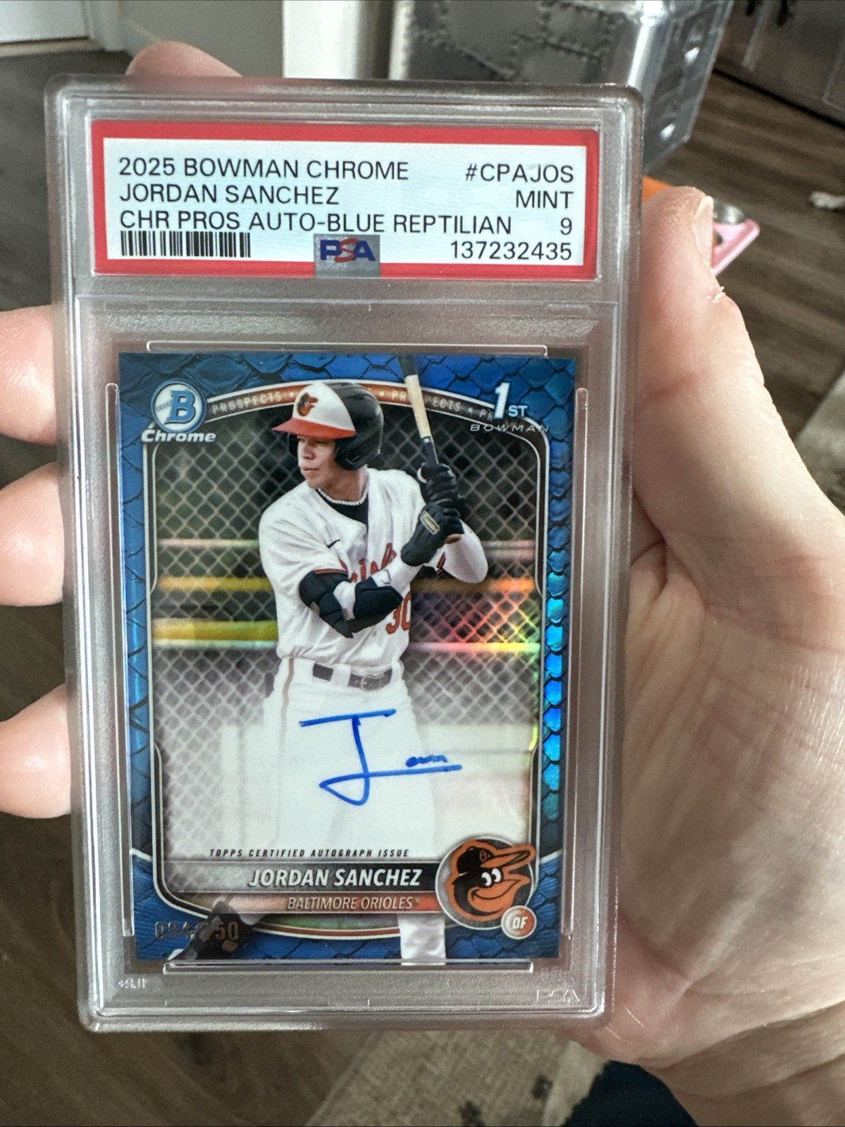 2025 BOWMAN CHROME JORDAN SANCHEZ /150 PROSPECTS AUTO REPTILIAN PSA 9 view 2