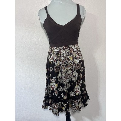 BEBE Disco Dress 70 s Retro Silk Sz M Bandage Knit Top Sleeveless Ruffle Paisley