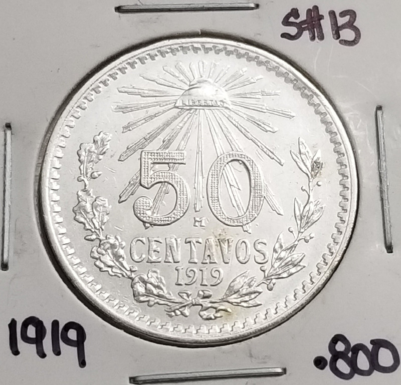 Mexico 50 Cents 1919 .800 Coin Silver KEY-DATE, moneda de Plata .800, ESCASA.