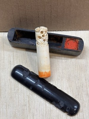 Vintage Chinese Dragon Carved Seal Stamp Chop With Original Ink Pad Case