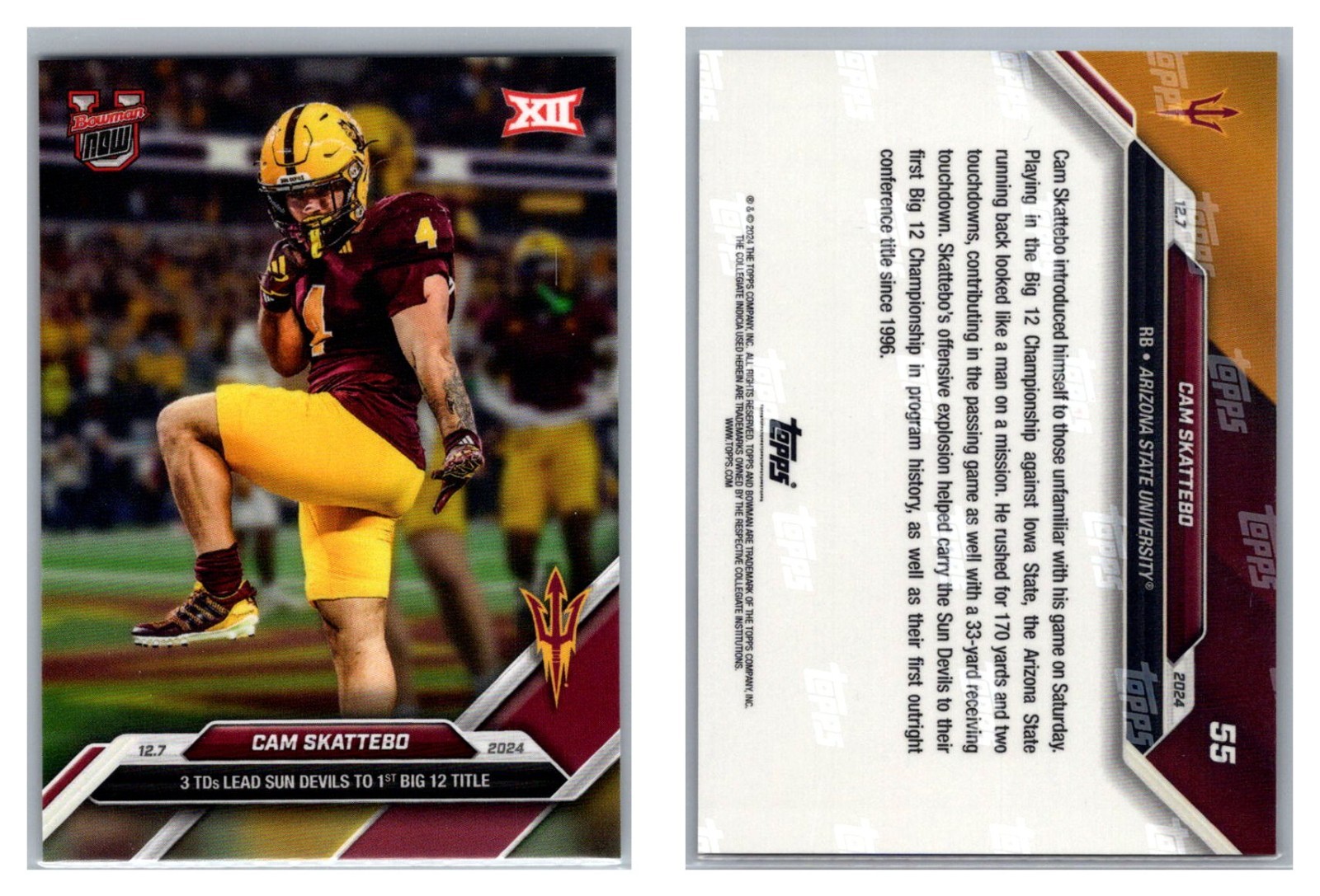 Cam Skattebo Big 12 Champs Arizona State vs Iowa State 2024 Bowman U NOW #55