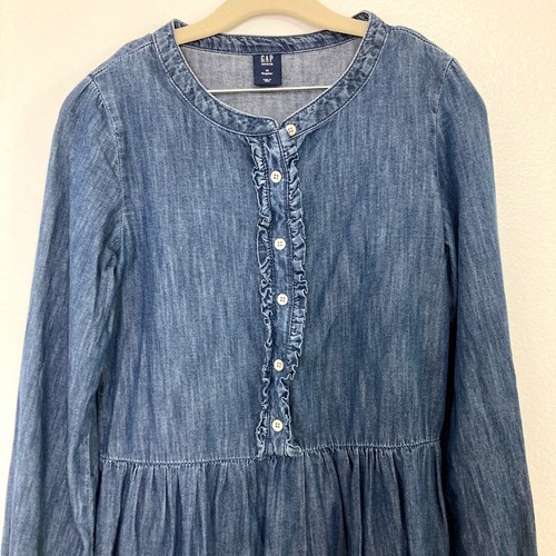 GAP Denim Ruffle Dress Medium Girls Long sleeve Denim Chambray Boho Western - Picture 2 of 11