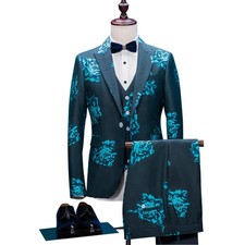 Floral Print Man Suits Blue Printed Wedding Suit Stylish Dinner Suits Grooms man