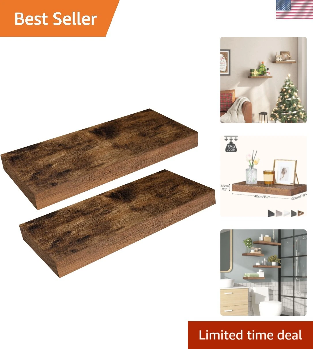 Floating Shelves for Wall, Wall Mounted Shelf Set of 2, 15.7" Hanging Shelf w...