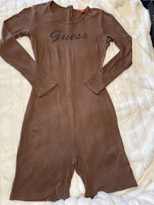 GUESS Brown Ribbed Cotton Long Sleeve Romper Slim Fit Zip Rhinestone Logo M