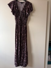 V Neck Midi Dress With Shirred Waist Button Front. Chocolate. Blue Vanilla