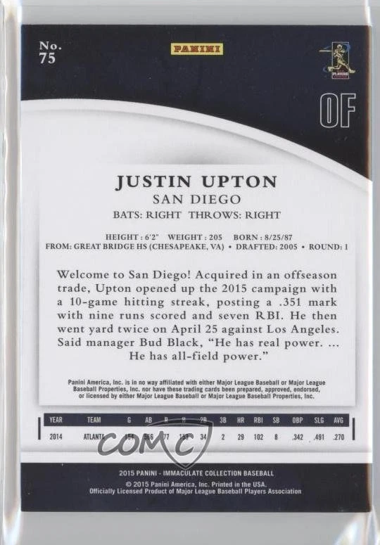 2015 Panini Immaculate /99 Justin Upton #75 - Image 2 of 2
