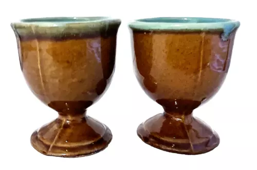 Vintage John Taylor Country Fare Footed Pottery Cups Brown & Blue 3.5"H, 3"W