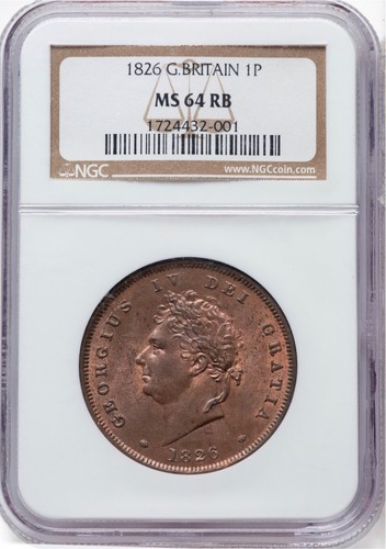 GREAT BRITAIN GEORGE IV 1826 1 PENNY COIN UNCIRCULATED, NGC CERTIFIED MS64-RB