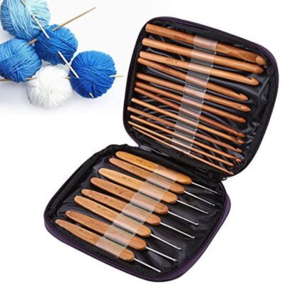 20 Pieces Bamboo Handle Crochet Hook Kits Knitting Needle Sewing Set Weave Craft
