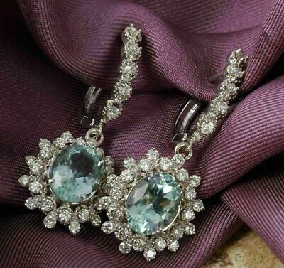 3Ct Oval Cut Aquamarine Diamond Cluster Drop/Dangle Earrings 14K White Gold Over
