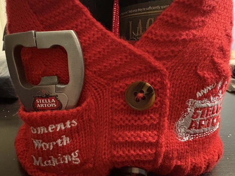 STELLA ARTOIS BELGIAN Beer Sweater  Coozie  With Opener RARE! Beer NOT Included!