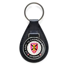 US Army 7th Engineer Brigade Veteran Black Leather Keychain Silver Keyring