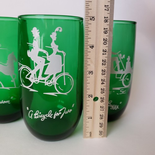 Anchor Hocking 3 Forest Green 5" Christmas Tumblers Glasses Hansom Bicycle Buggy - Picture 2 of 5